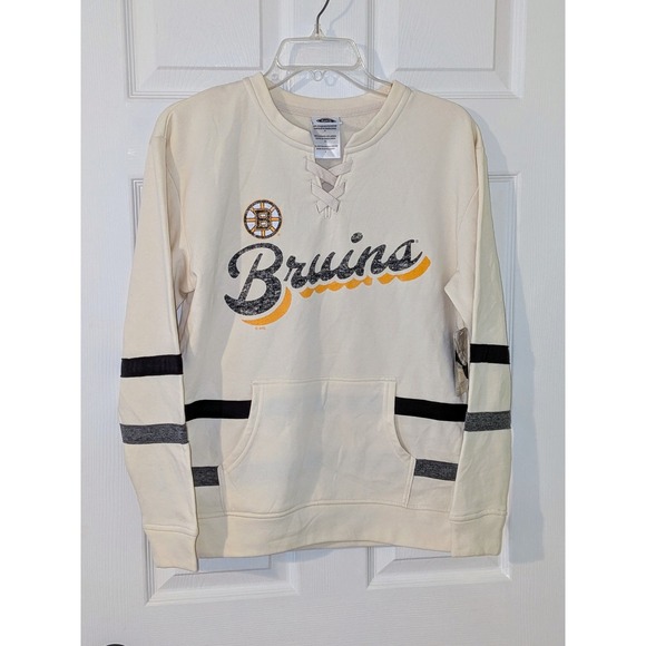 Bruins NHL Womens Hockey Lace Up Pullover Sweatshirt Top Cream Size S NWT - Picture 1 of 9